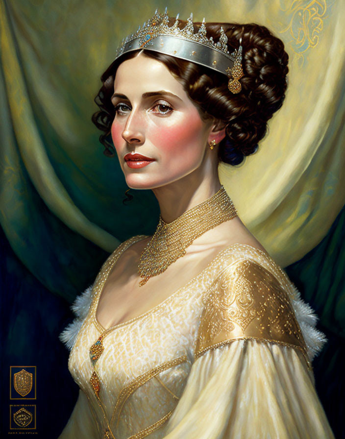 Elegant woman in tiara and pearls with golden dress on green-golden backdrop