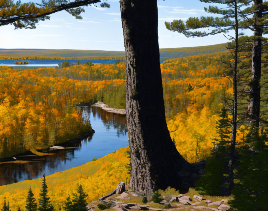 Autumn Forest River Scene with Colorful Trees