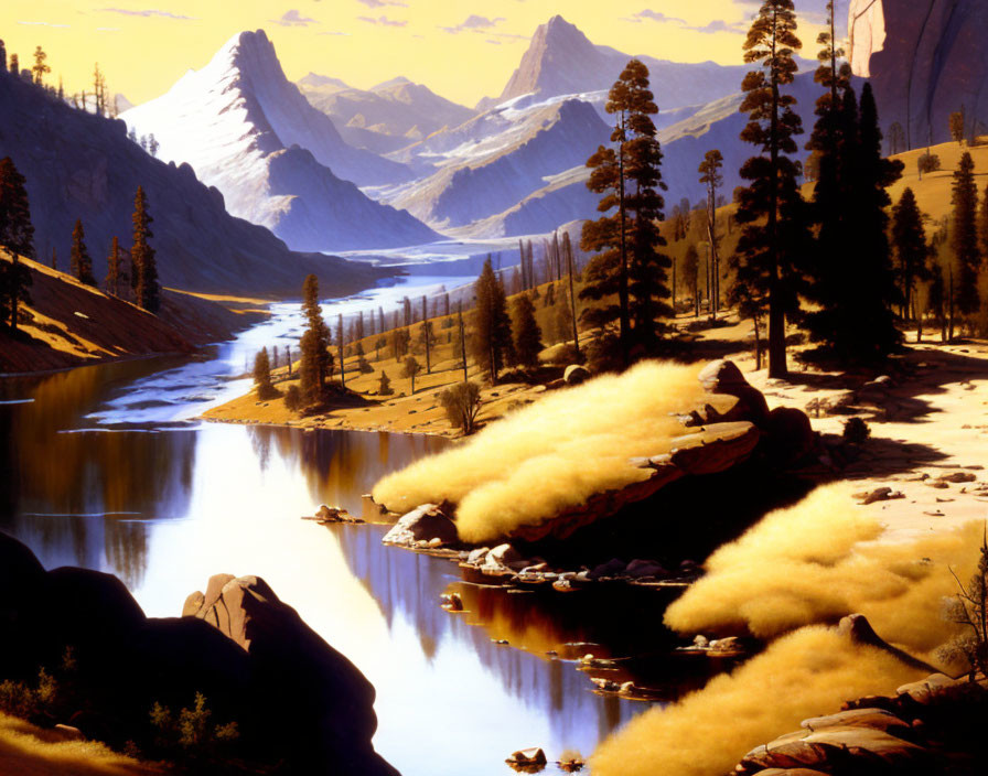 Tranquil river valley with pine trees and mountains