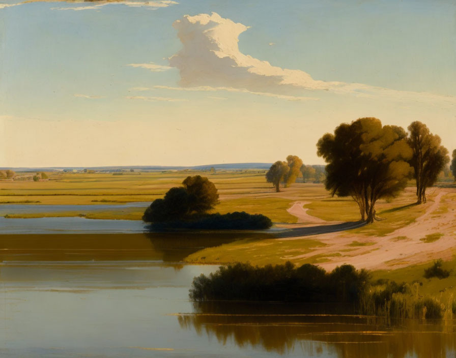 Tranquil landscape painting of calm river, lush trees, and expansive fields