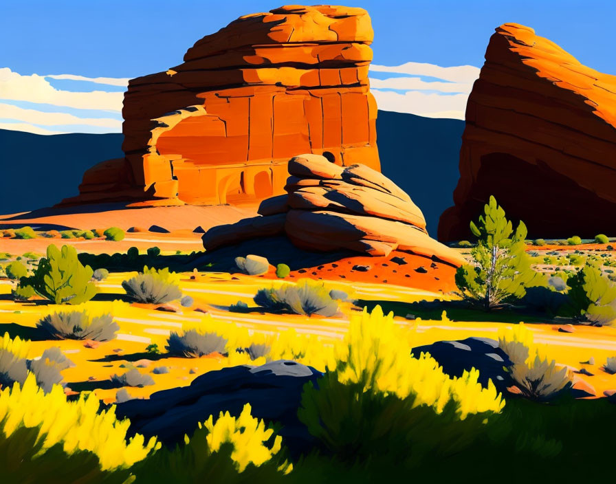 Colorful landscape with red rock formations, green shrubs, and yellow flowers under a blue sky.