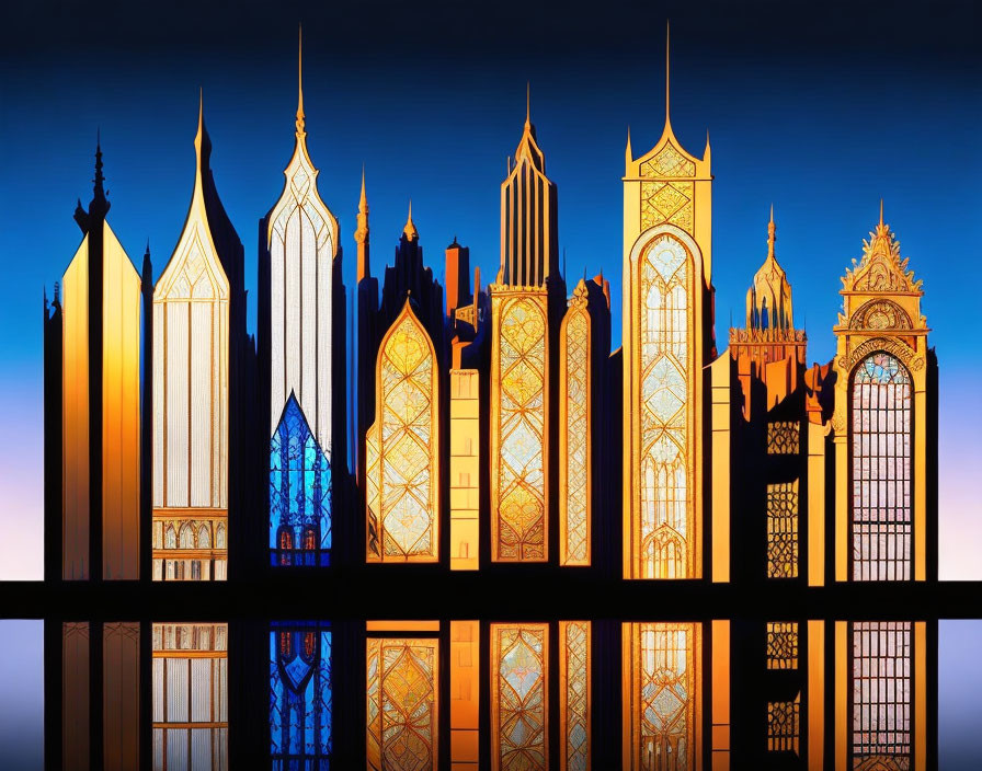 Stylized skyline of ornate buildings against gradient sky