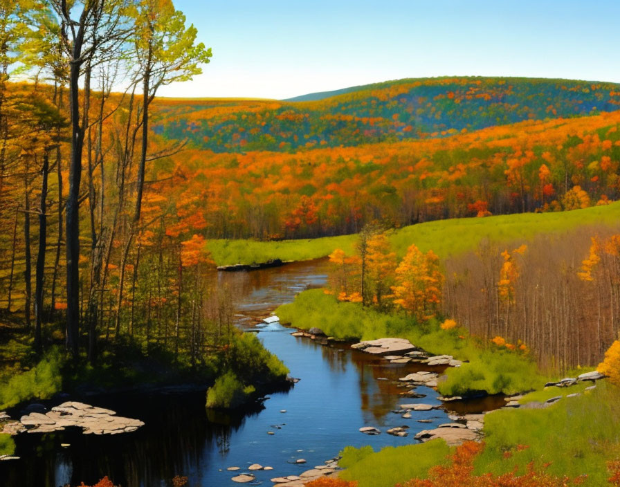 Colorful Autumn Landscape with River and Forested Hills