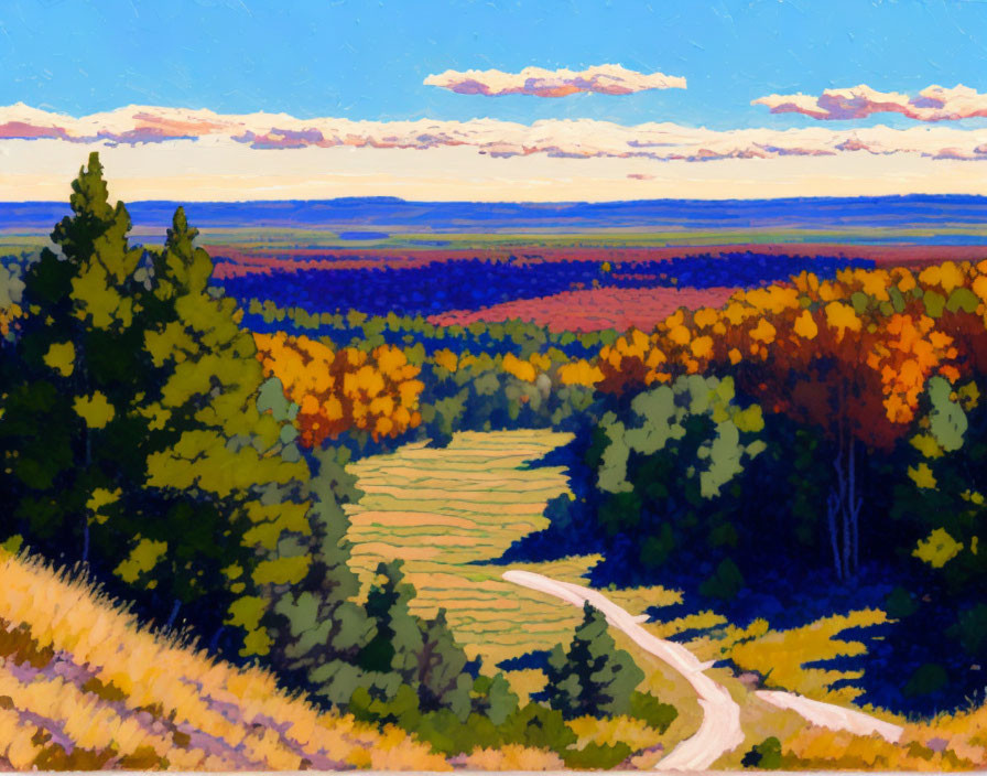 Impressionist-style forest landscape with winding path under blue sky