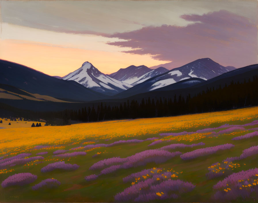 Scenic landscape: purple wildflowers, mountains, pastel sunset sky