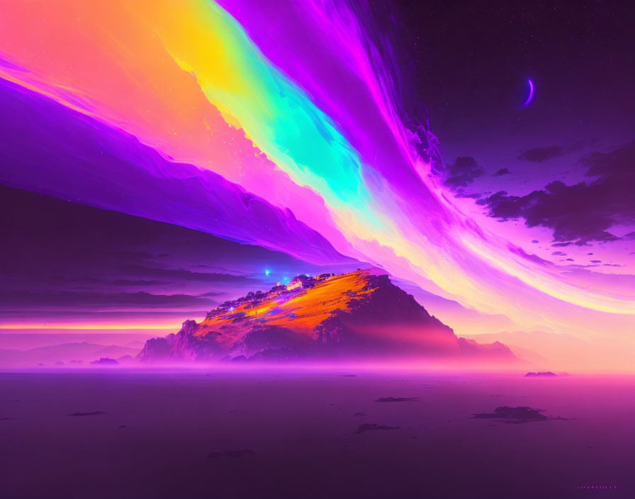 Colorful digital artwork: Mountain, neon auroras, crescent moon