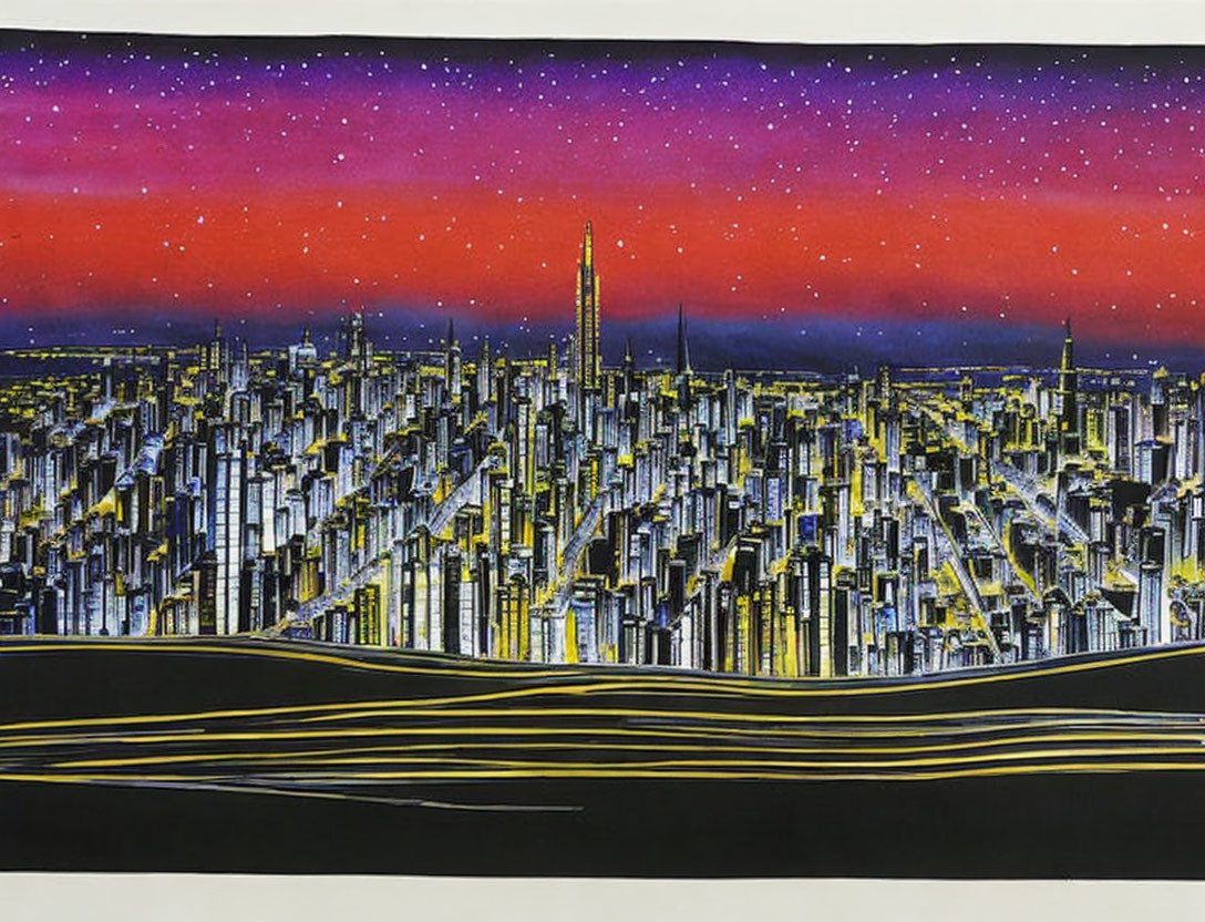 Futuristic night cityscape with skyscrapers and vibrant twilight sky