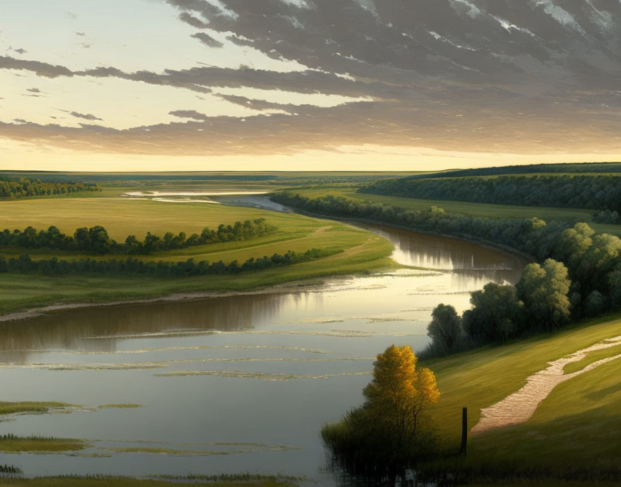 Tranquil river landscape at dusk with lush greenery and reflective water.