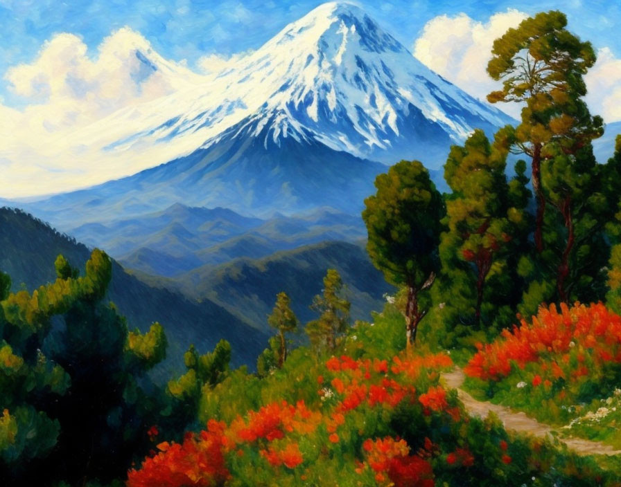 Colorful mountain landscape with red flowers and snow-capped peak