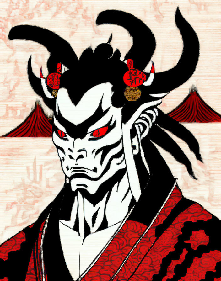 Japanese Oni Demon Illustration with Black Hair, Horns, Red Eyes, and Traditional Garb