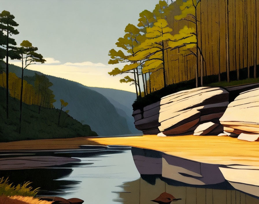 Tranquil river scene with layered cliffs and pine forest