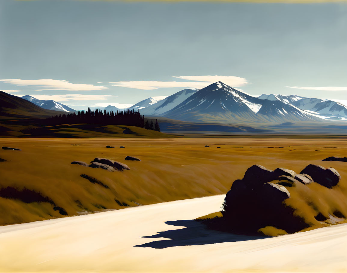 Serene landscape painting with golden fields and majestic mountains