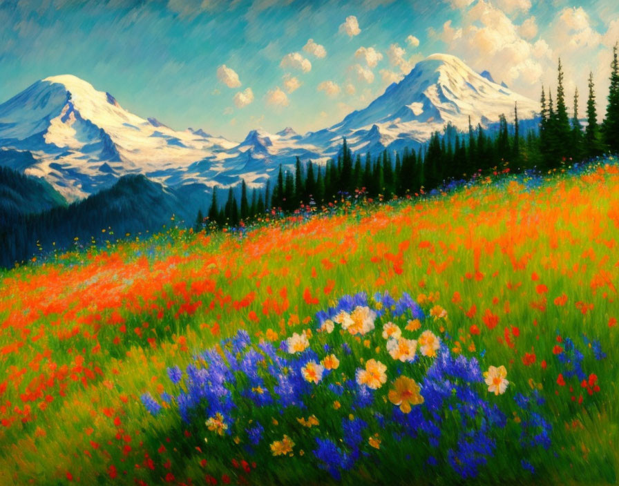 Colorful Wildflower Meadow Painting with Snow-Capped Mountains