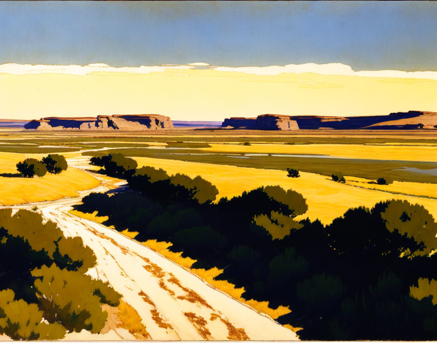 Vivid landscape painting: dirt road, golden prairie, green bushes, vast blue sky