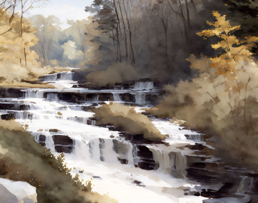 Autumn-themed watercolor painting of cascading waterfall