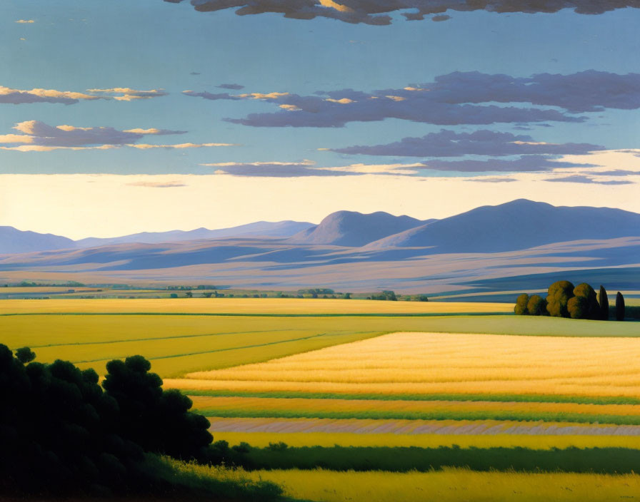 Tranquil landscape painting with golden fields and rolling hills