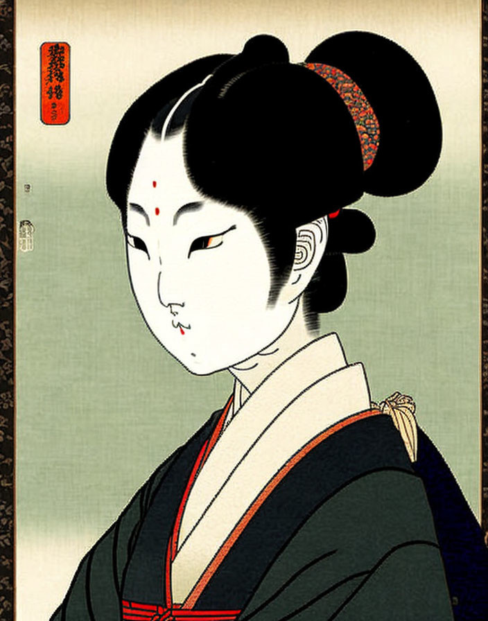 Traditional Japanese Woodblock Print of Woman in Red Kimono