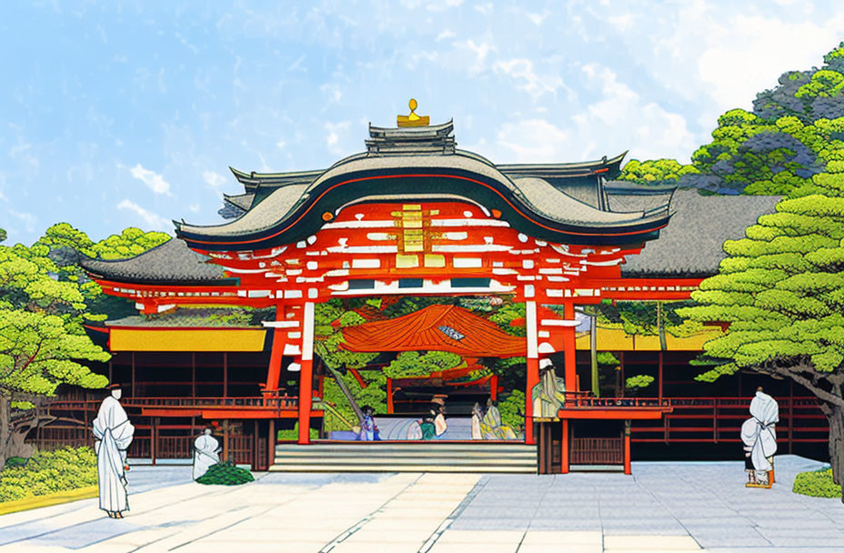 Vibrant Japanese Temple Gate Scene with Traditional Attire People