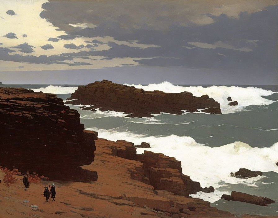 Stormy seascape with figures walking on rocky shoreline