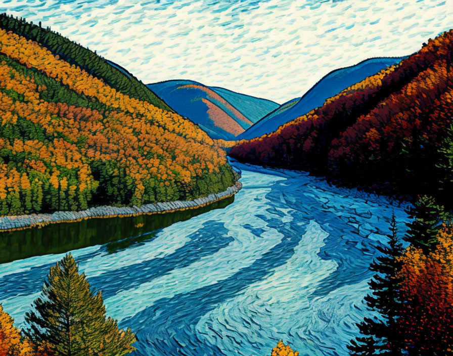 River winding through colorful autumn forest with hills and patterned sky.