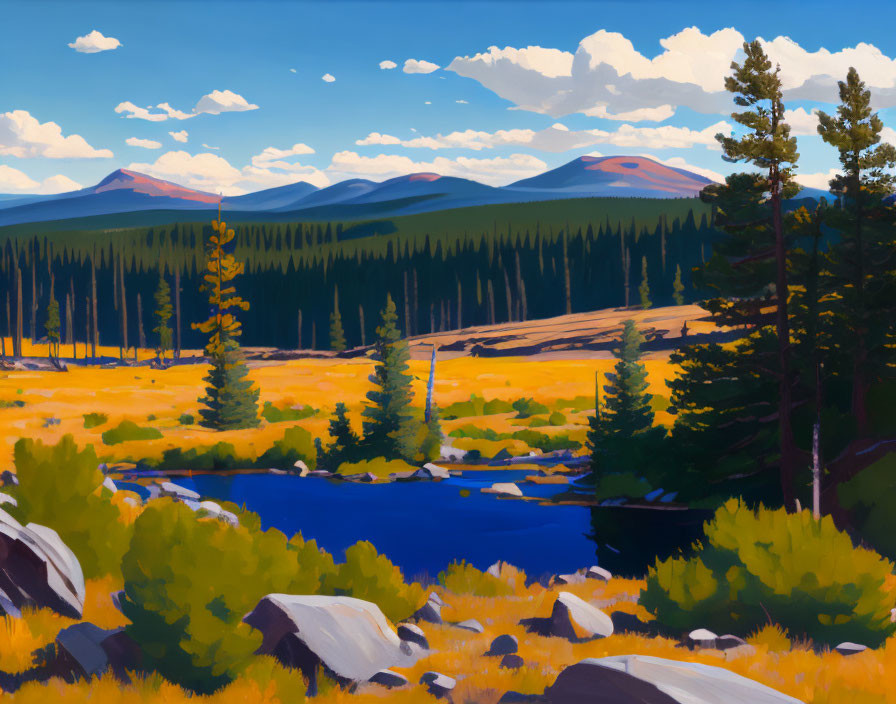 Vibrant landscape painting with blue river, golden meadows, trees, and rolling hills