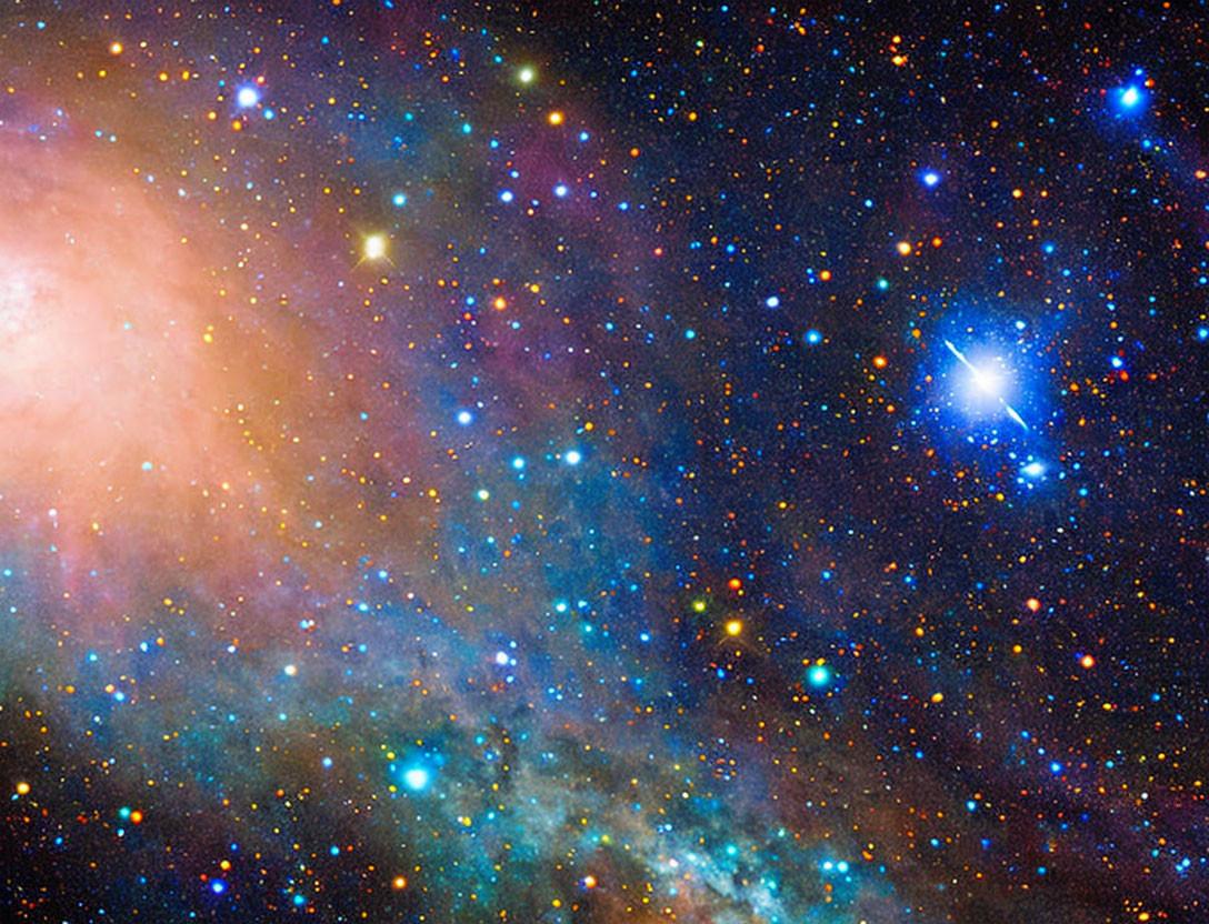 Colorful cosmic scene with glowing nebula and stars in dense field