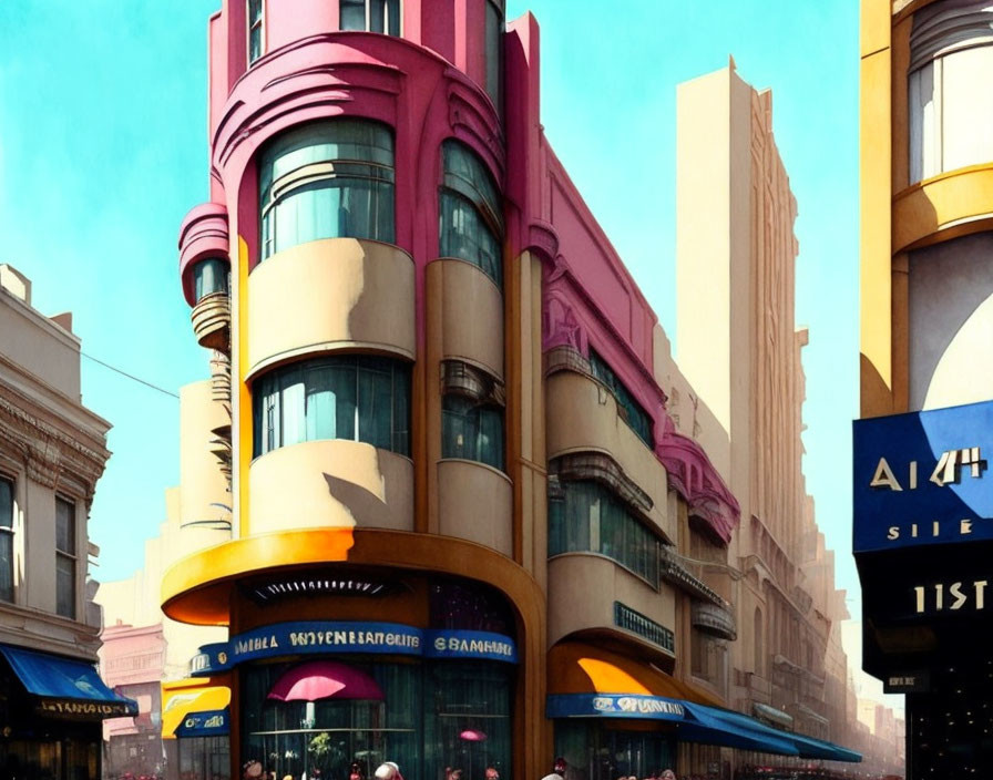 Pastel-colored Art Deco architecture with curved glass windows in vintage cityscape.