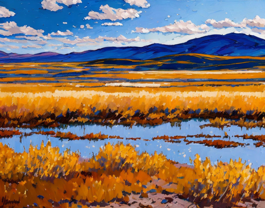 Golden field with rolling hills and reflective water bodies in vibrant painting