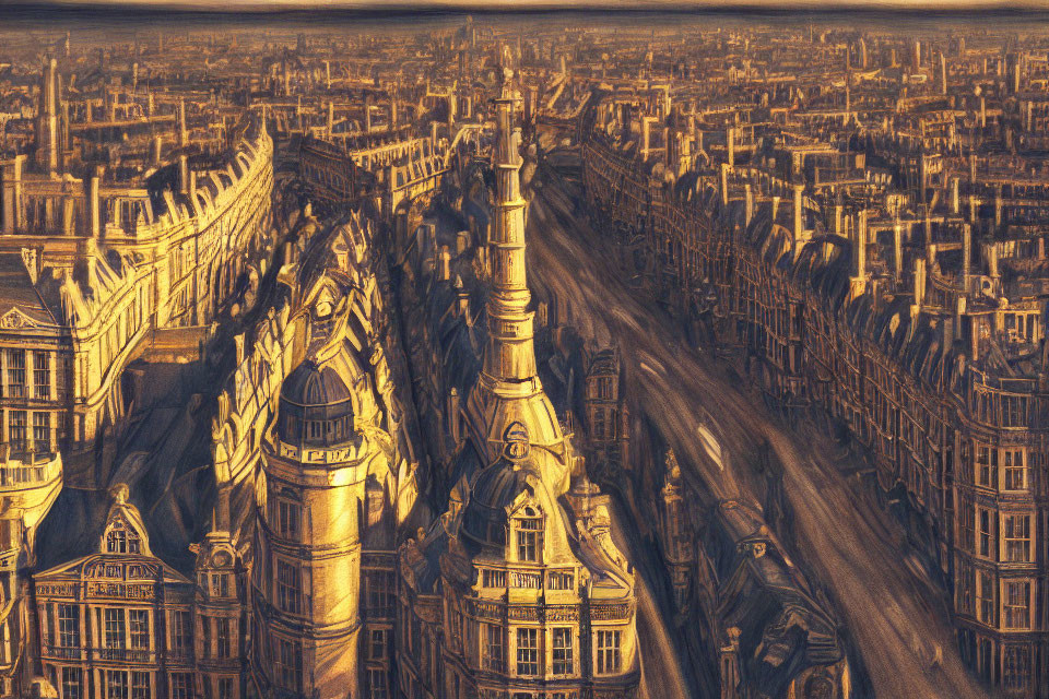 Detailed Sepia Cityscape Illustration with Intricate Architectures