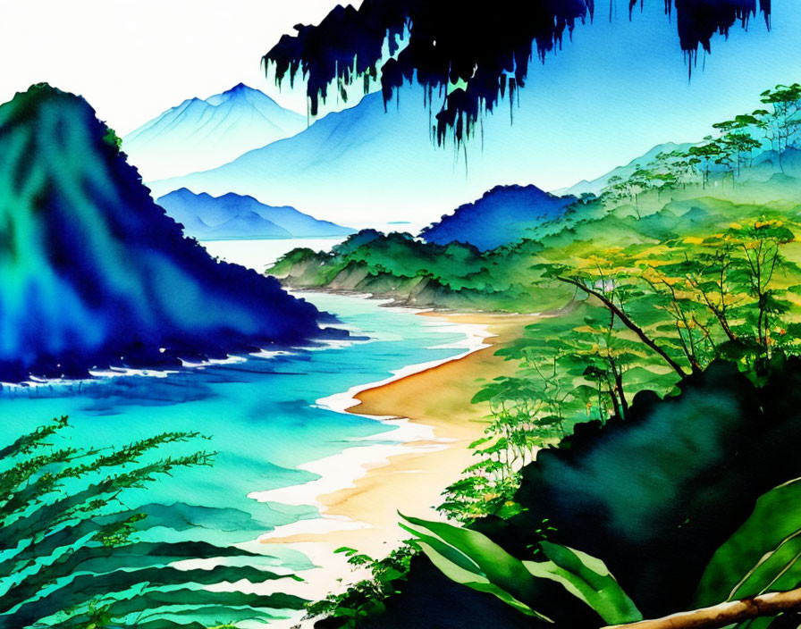 Colorful Watercolor Painting of Lush Mountain Landscape