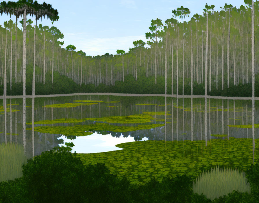 Tranquil digital artwork of forest, lake, and lily pads