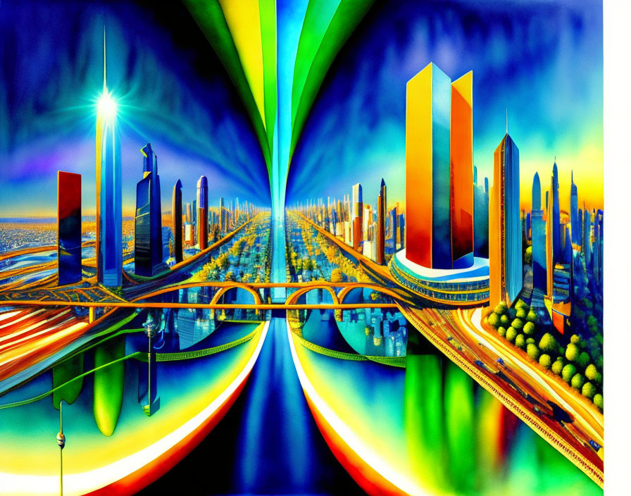 Colorful, surreal cityscape with radiant sun and futuristic buildings