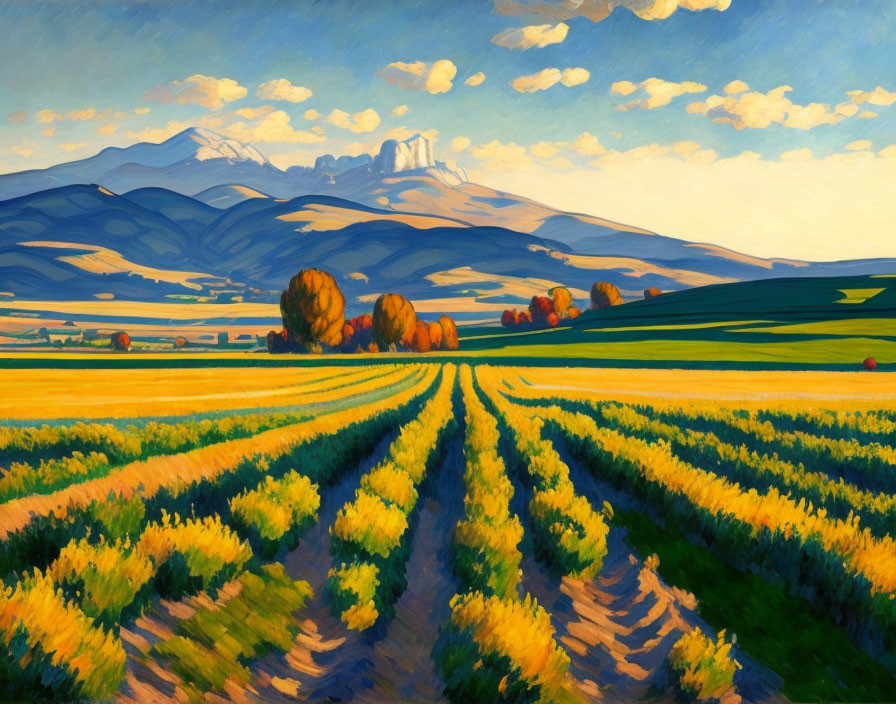 Colorful rural landscape painting with yellow crops, green trees, and mountains under a blue sky