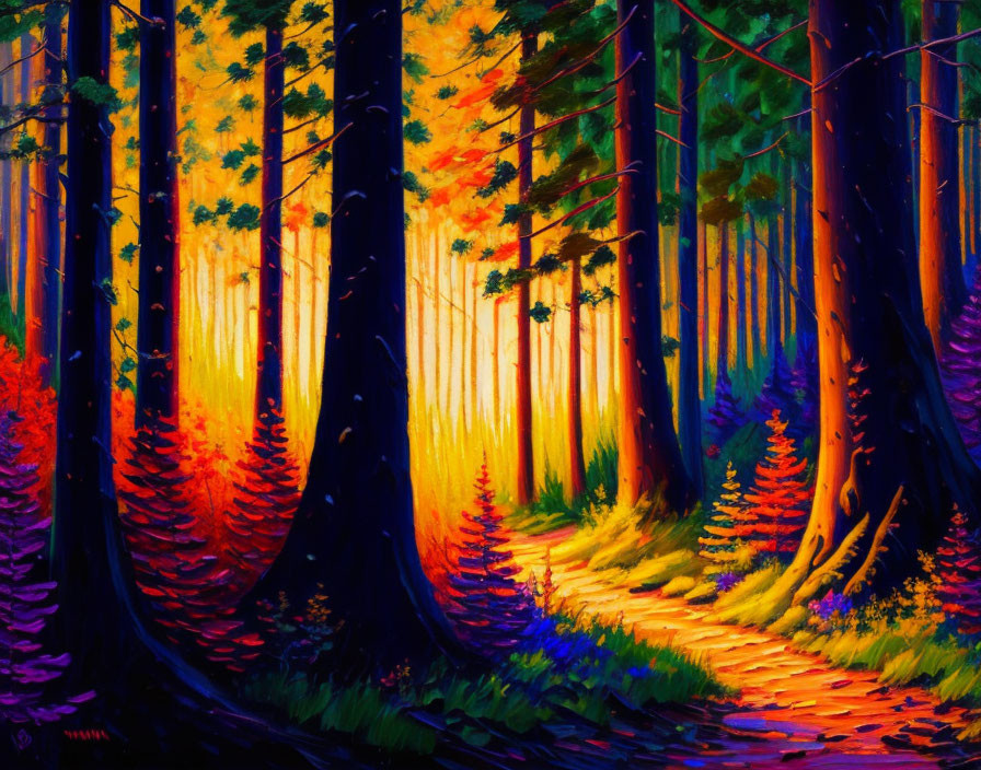 Vibrant forest painting with autumn sunlight filtering through trees