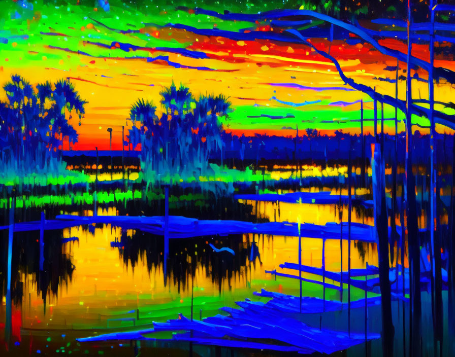 Colorful Lakeside Sunset with Silhouetted Palm Trees and Water Reflections