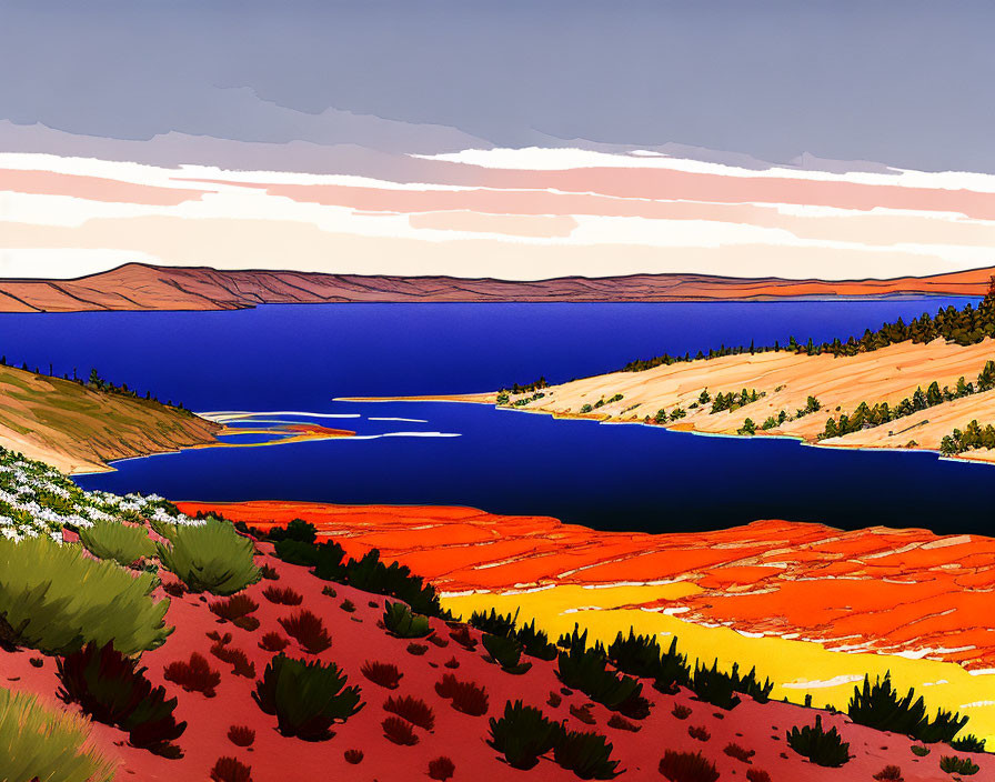 Colorful Lakeside Landscape Illustration with Hills, Water, and Sky