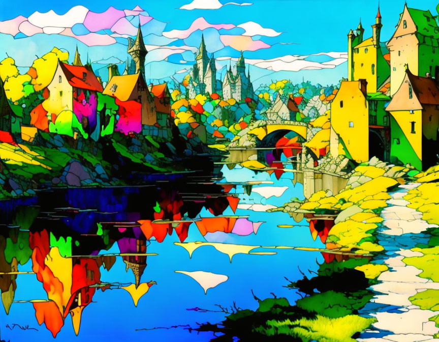 Vibrant drawing of medieval town with bridge over water.