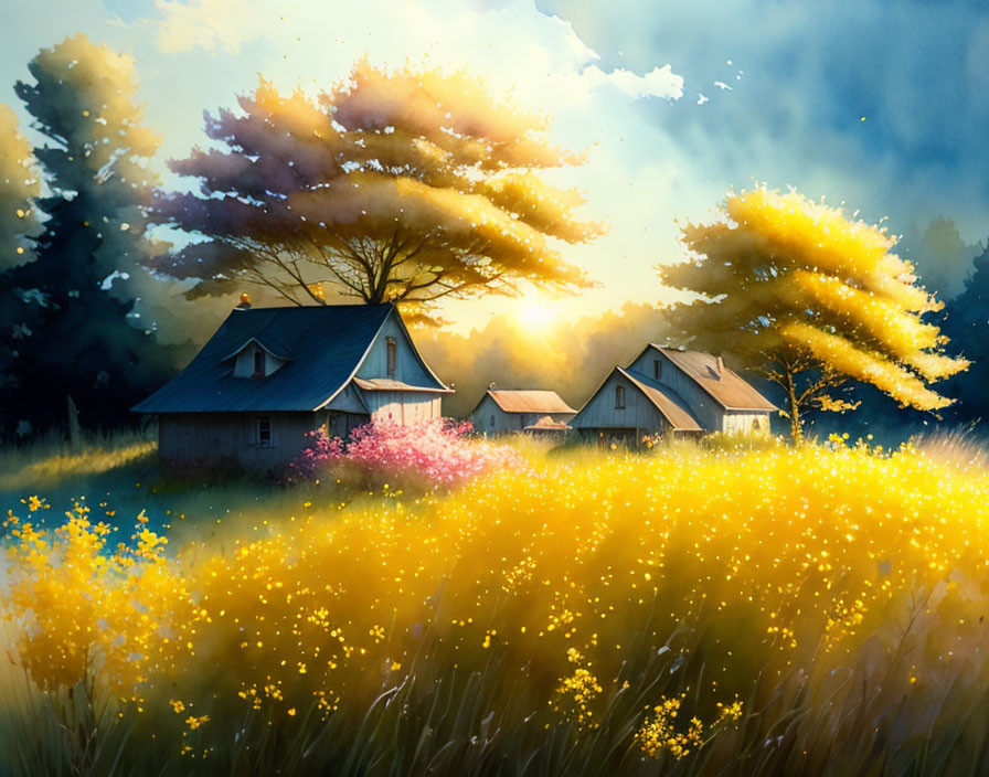 Vibrant sky over quaint houses in glowing meadow