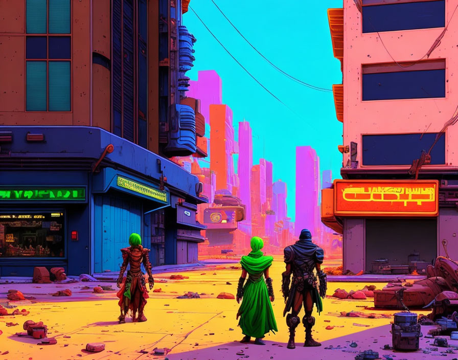 Colorful Cyberpunk Cityscape with Futuristic Elements and Characters in Cloaks