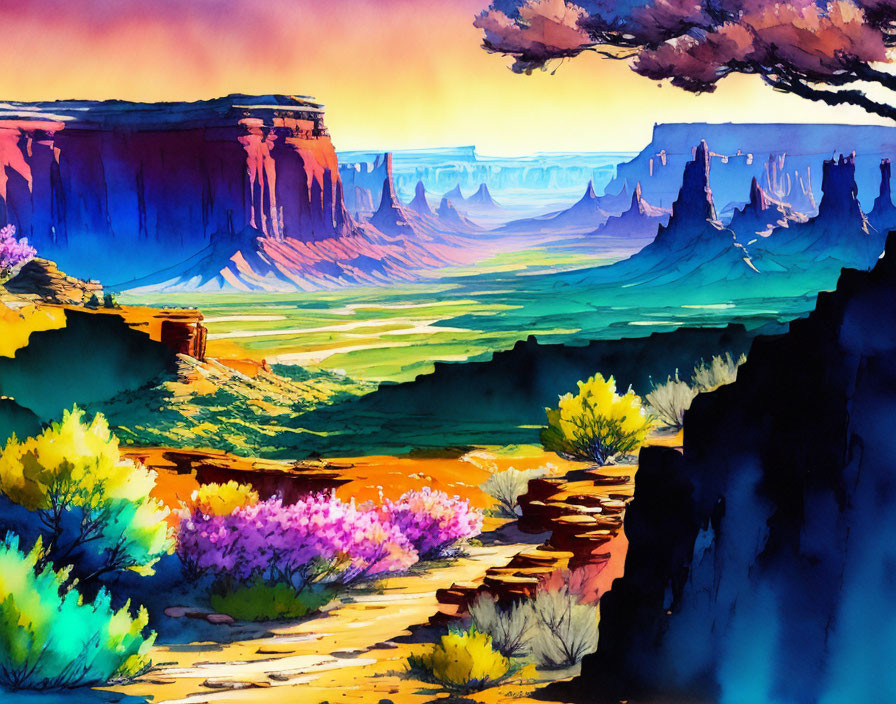 Colorful Watercolor Painting of Desert Canyon with Layered Cliffs