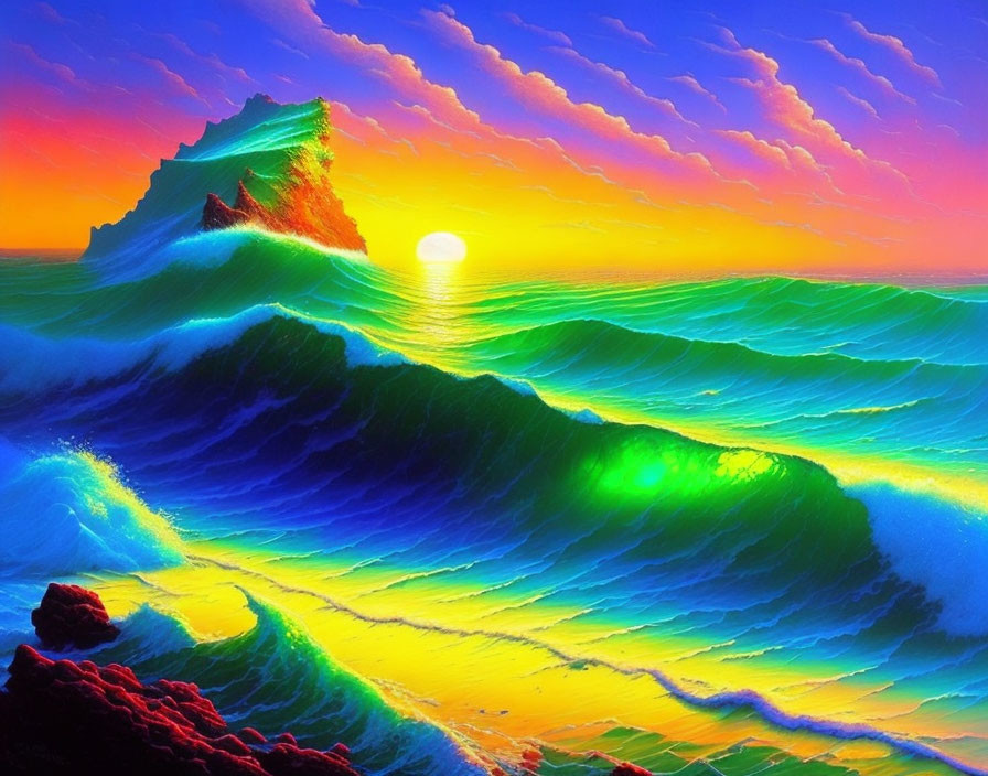 Colorful digital artwork: Wave, sunset, mountain in vibrant hues