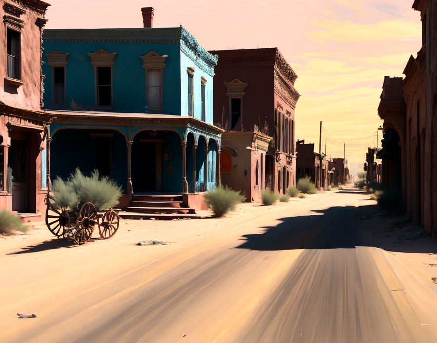 Desolate Western ghost town street with abandoned buildings and wooden cart.