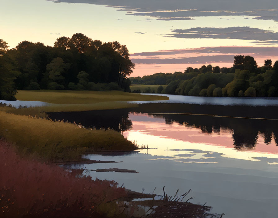 Tranquil river bordered by trees and pink-blue twilight skies