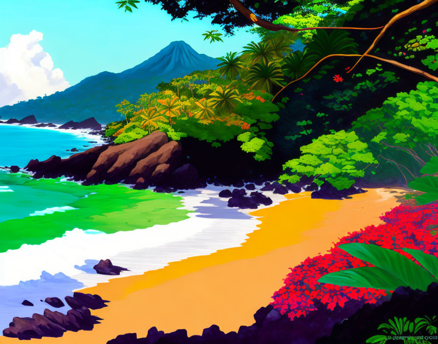 Tropical beach illustration with volcano, greenery, flowers, and blue sky