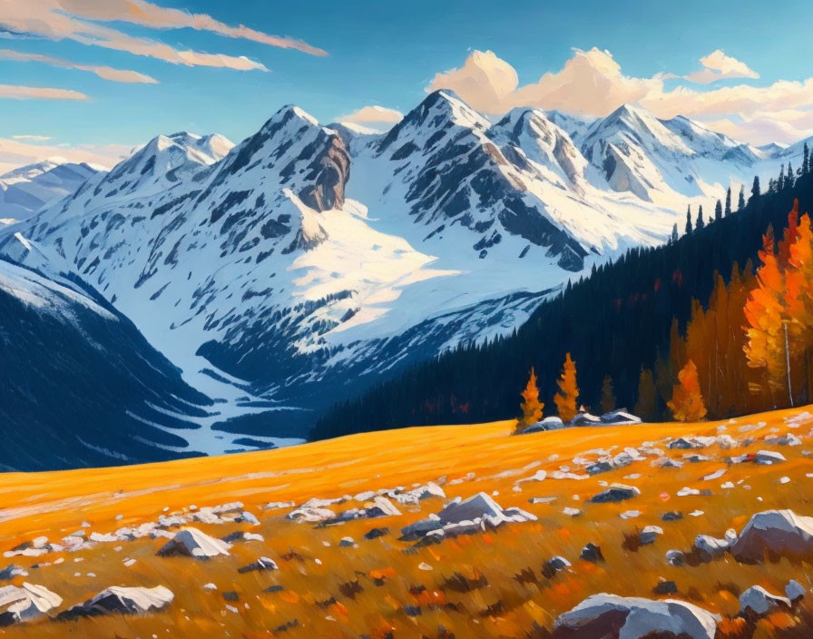 Colorful Mountain Landscape with Snow-Capped Peaks & Autumn Trees