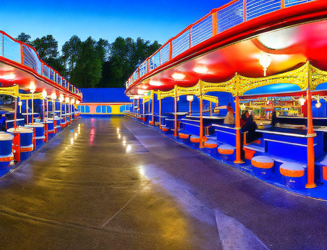 Colorful Twilight Amusement Park Scene with Carousel and Arcade Games