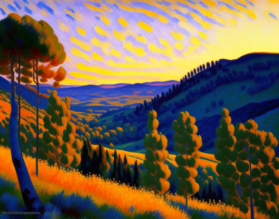 Colorful landscape painting with rolling hills, trees, and vibrant sky.