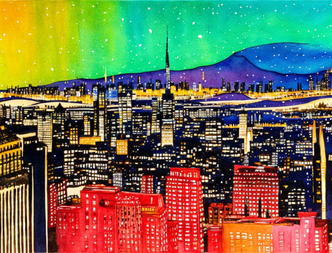 Vibrant cityscape painting of skyscrapers at night with northern lights