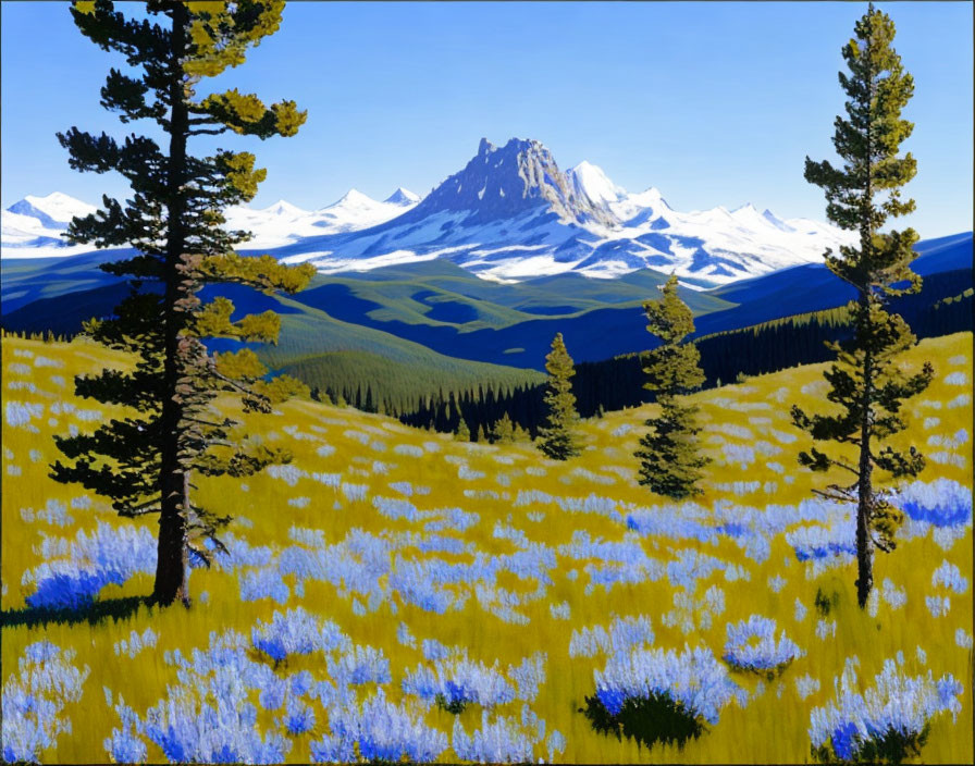 Scenic landscape painting: yellow wildflower meadow, trees, snow-capped mountains