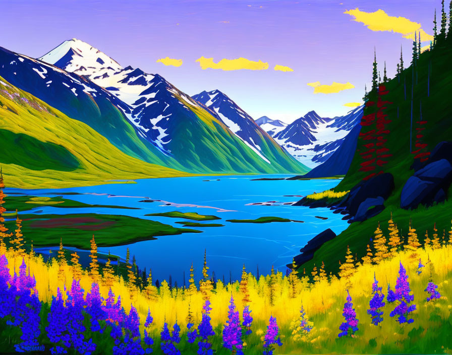 Colorful digital artwork of mountainous landscape with lake, wildflowers, hills, and snow-capped